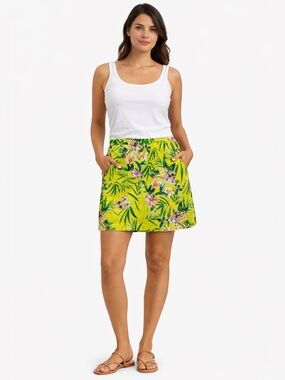 Tommy Bahama Tropical Floral Linen Blend Skirt Yellow Palm Print Size M